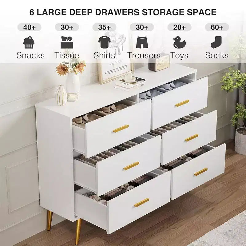Commode moderne à 6 tiroirs avec espace de rangement, commode en bois avec poignées dorées, commode avec tiroirs profonds pour chambre à coucher, salon, bureau