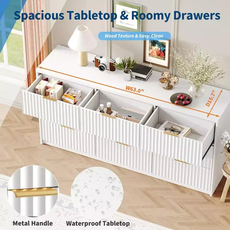 COZONY Commode cannelée à 8/9 tiroirs - Grand meuble de rangement en bois avec poignées métalliques et dispositif anti-basculement pour chambre à coucher, salon, couloir
