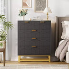 Commode de rangement moderne Acekool à 5 tiroirs avec poignées métalliques pour chambre, salon ou entrée - Blanc avec pieds en métal doré