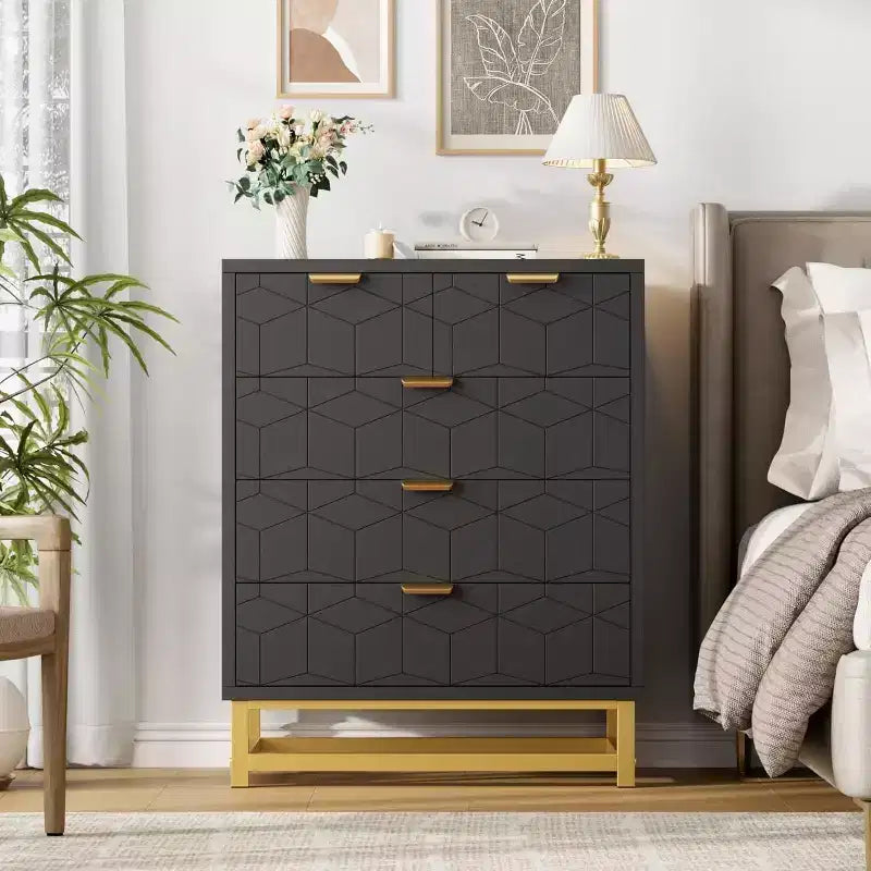 Commode de rangement moderne Acekool à 5 tiroirs avec poignées métalliques pour chambre, salon ou entrée - Blanc avec pieds en métal doré