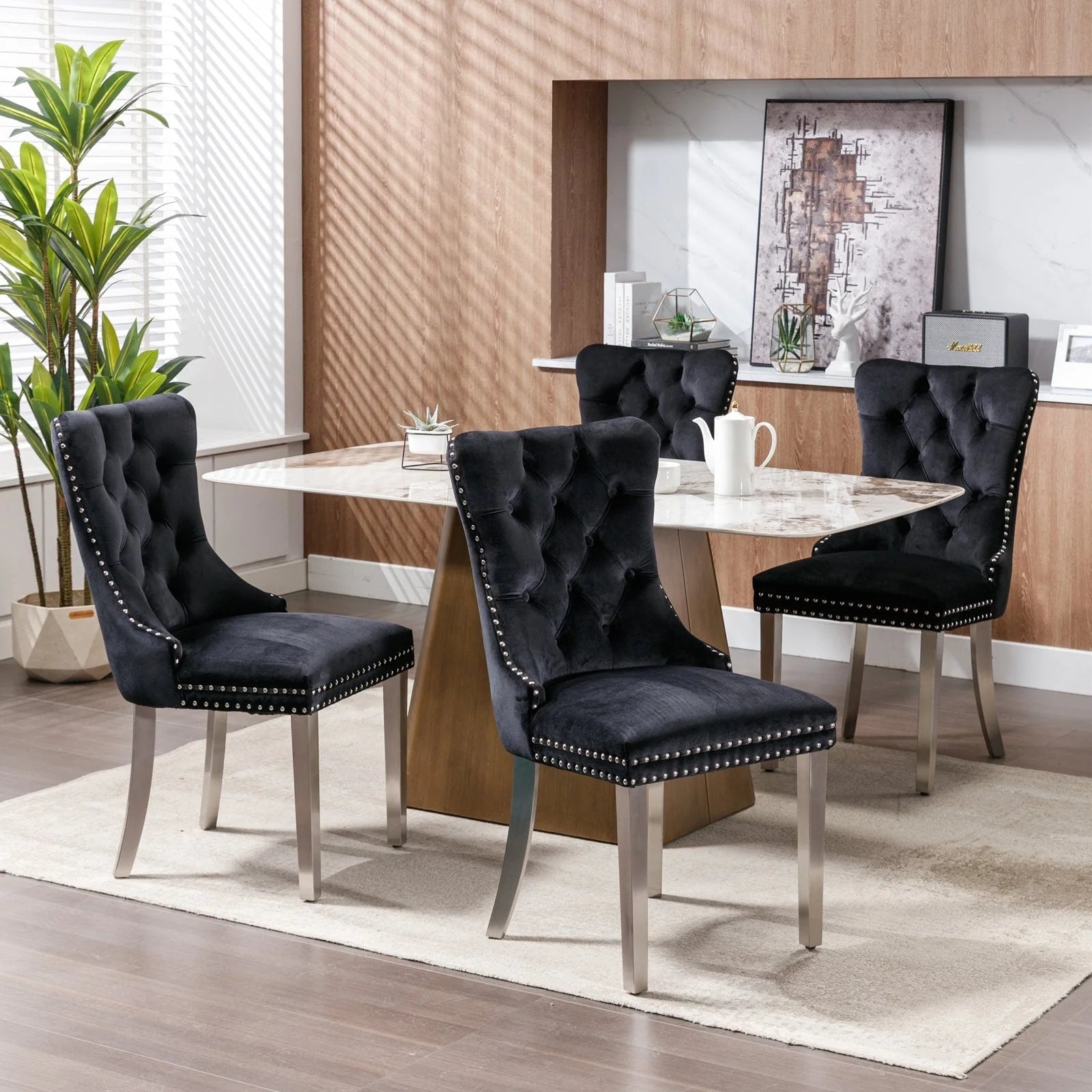 Chaise de salle à manger capitonnée en velours avec pieds en bois massif, lot de 6