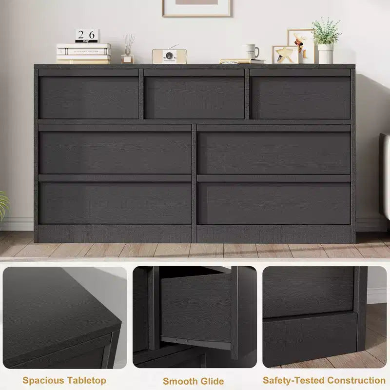 Commode 7 tiroirs pour chambre à coucher, commode noire avec poignées concaves, commode moderne à 7 tiroirs pour chambre, salon, chambre d'enfant