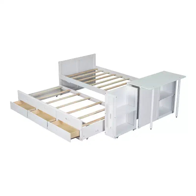 Lit plate-forme en bois simple avec bureau et étagère de rangement, Cadre de lit en bois simple/grand avec lit gigogne et 3 tiroirs