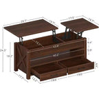 Table basse double de 120 cm de hauteur réglable, marron, avec tiroirs de rangement ; table de canapé réglable en hauteur à deux parties avec étagères cachées.