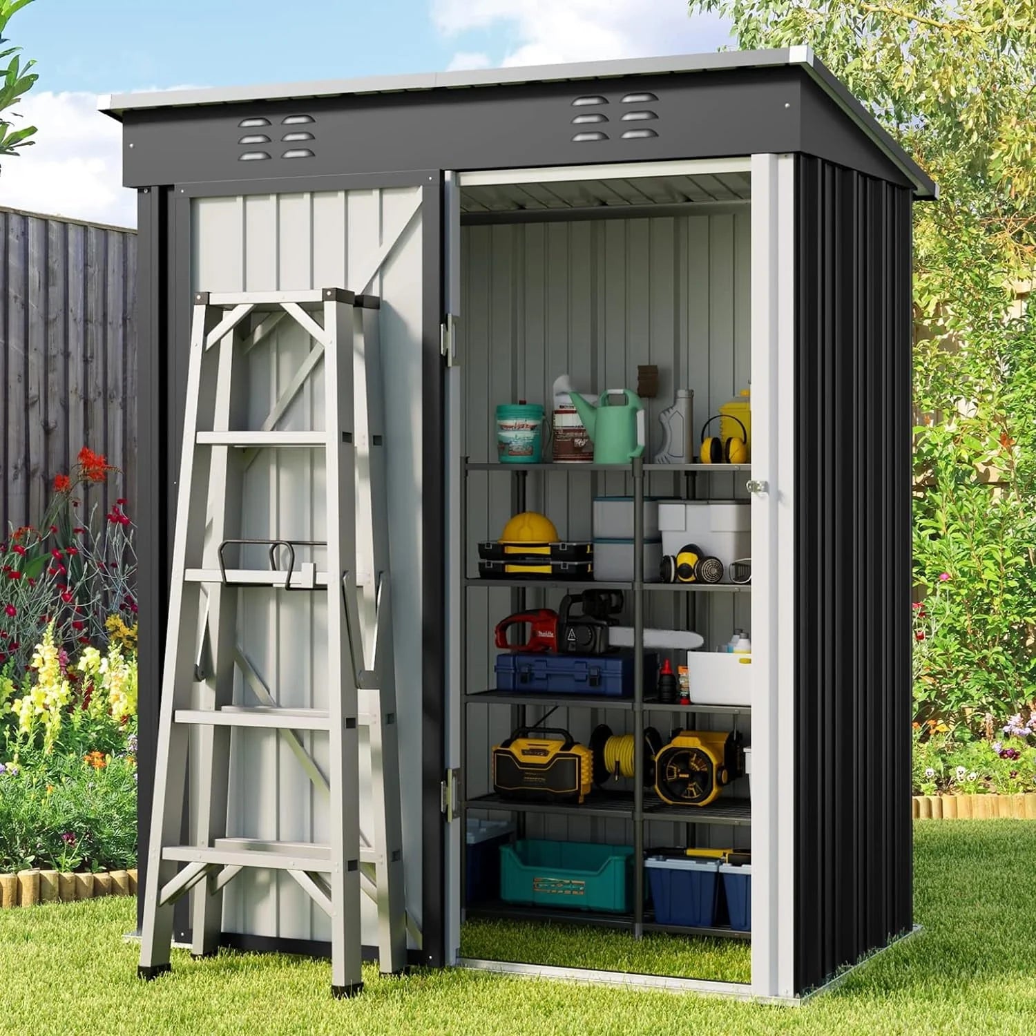 Abri de jardin en métal pour outils avec porte verrouillable pour mobilier de jardin et outils