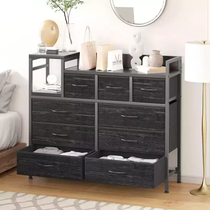 COZONY Commode de rangement à 9 tiroirs de 86,4 cm de haut et meuble TV, Tour de rangement en tissu, Rangement à cadre en acier robuste pour le salon, utilisation dans les petits espaces