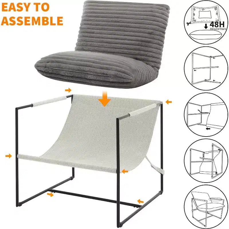 Fauteuil d'appoint suspendu pour salon, fauteuil douillet moderne à cadre métallique, chaises rembourrées avec coussin en mousse déchiquetée, chaise longue