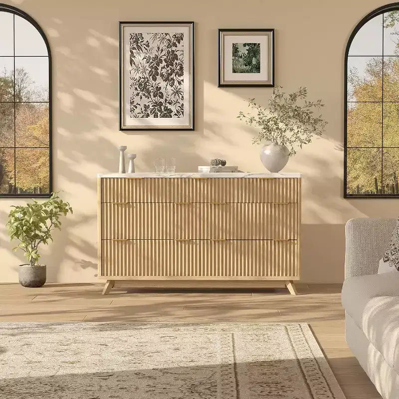 Commode moderne cannelée à 7 tiroirs, meuble de rangement de style Mid-century, organiseur de rangement en bois pour chambre à coucher, salon