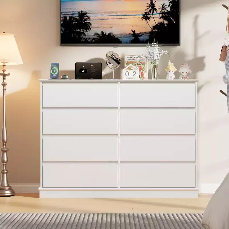 Commode à 8 tiroirs pour chambre à coucher, commode spacieuse avec rangement profond, commode double horizontale en bois avec grand plateau pour salon