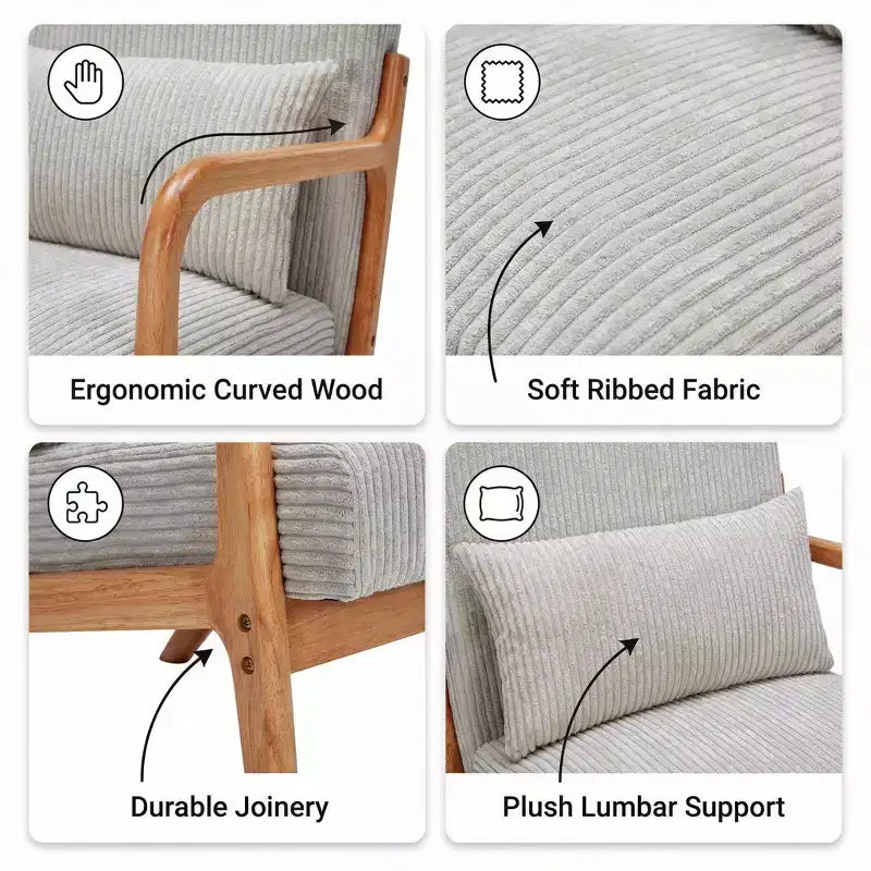 Fauteuil d'appoint rembourré moderne FurnitureR avec accoudoirs en bois massif, fauteuil de salon en tissu texturé pour salon, chambre à coucher, coin lecture