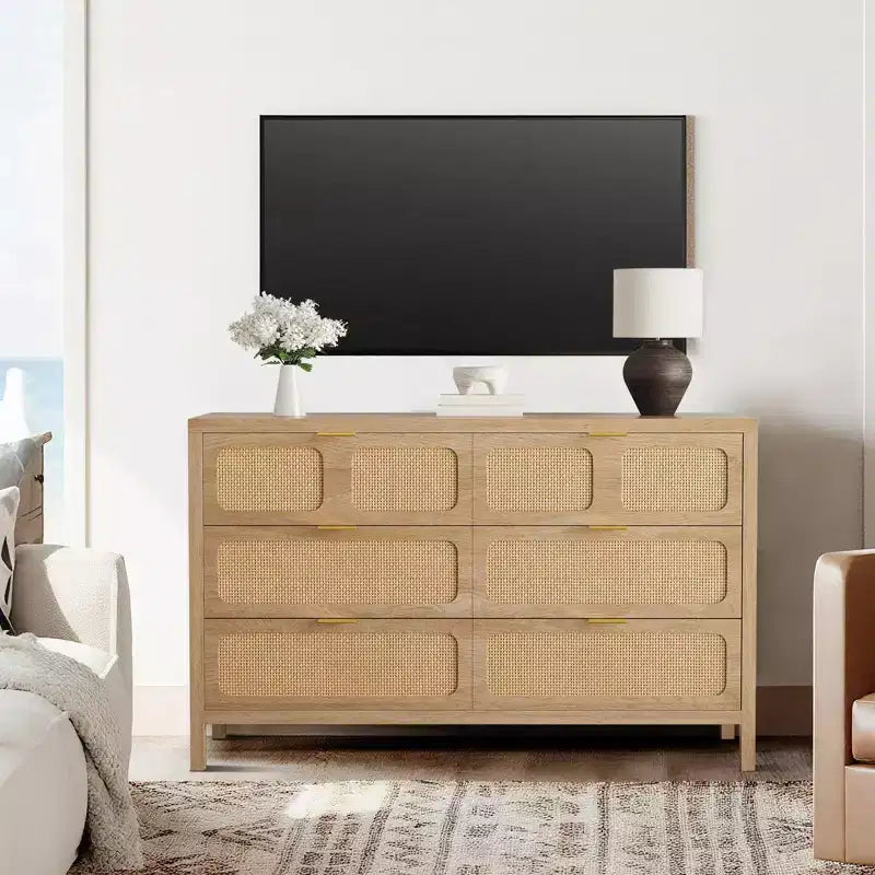 Commode à 6 tiroirs en rotin, poignées en métal, pieds en bois, style bohème et ferme, rangement chêne pour chambre, salon, couloir, entrée