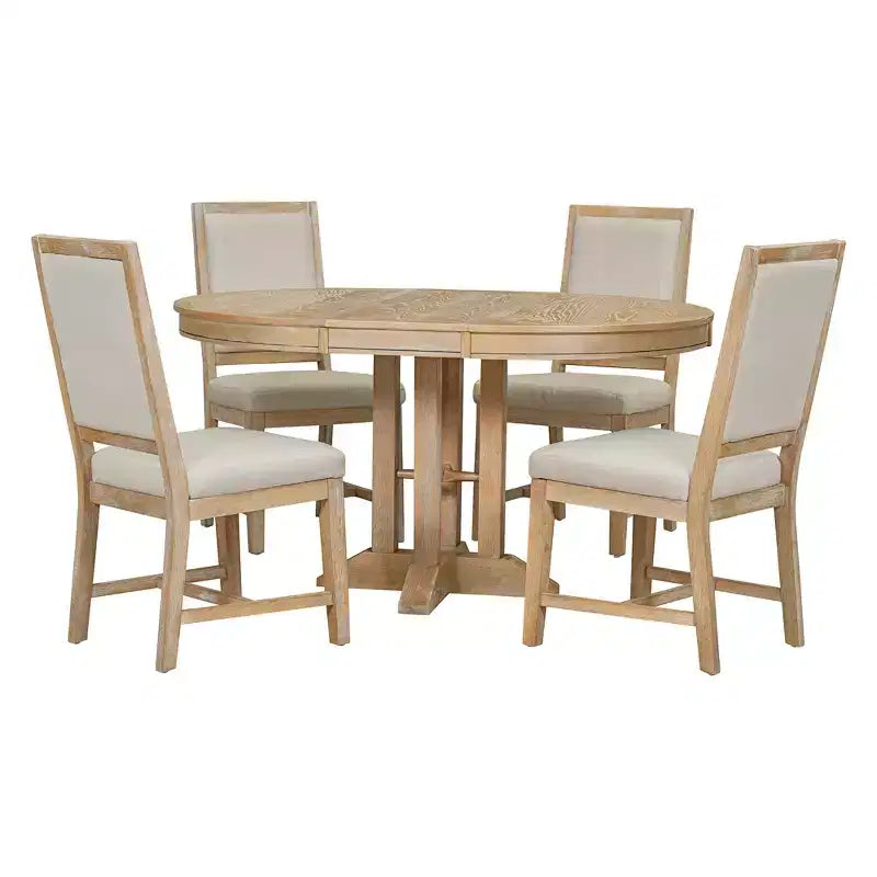 Ensemble de salle à manger 5 pièces de style ferme pour 4 personnes, comprenant une table à manger ronde extensible en bois massif et 4 chaises rembourrées pour la cuisine