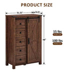 Commode haute moderne de style ferme à 5 tiroirs avec porte coulissante de style grange, organisateur de rangement pour chambre à coucher, salon et chambre d'enfant.