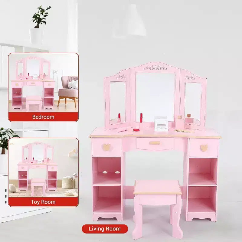 Coiffeuse Acekool pour enfants avec tabouret, miroir triptyque, tiroirs de rangement et étagères ouvertes, coiffeuse rose pour filles de 3 ans et plus