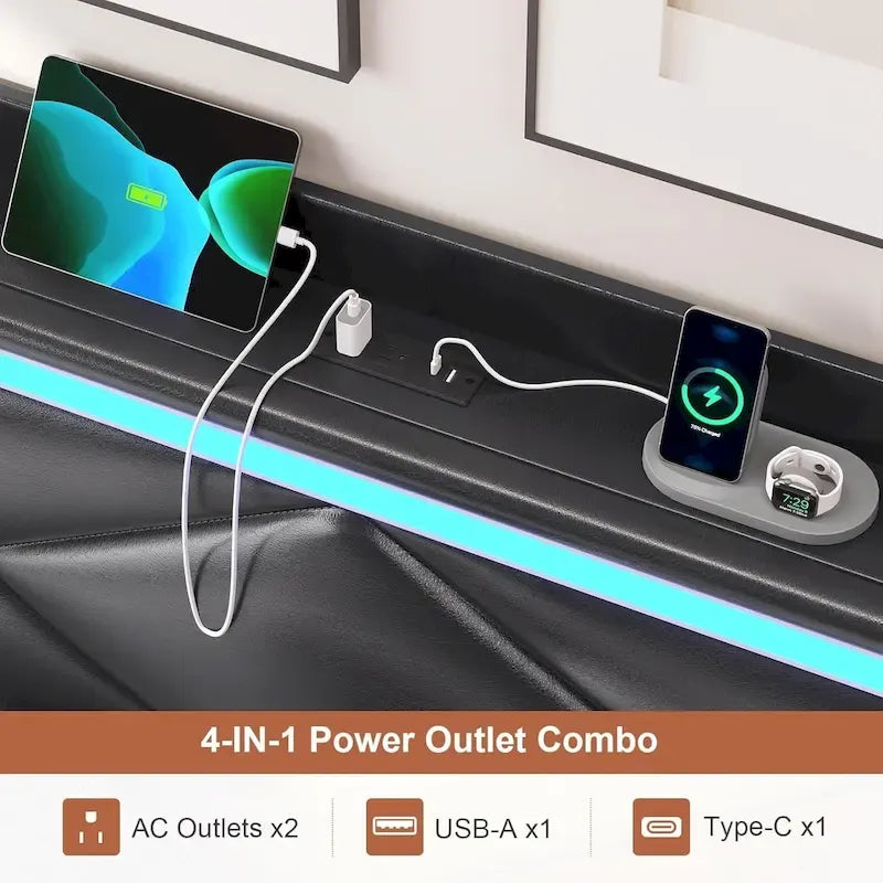 Cadre de lit avec lumières LED, tête de lit et station de charge USB-C/A, 4 tiroirs