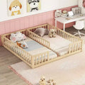 Lit double superposé avec barrière de sécurité, lit plateforme en bois avec clôture pour 2 enfants