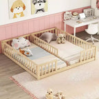 Lit double superposé avec barrière de sécurité, lit plateforme en bois avec clôture pour 2 enfants