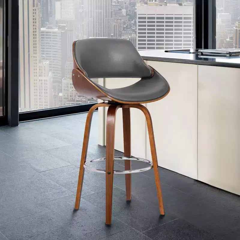 Tabouret de bar contemporain Mona 26 po (66 cm) noyer/gris - Armen Living : pivotant, repose-pieds chromé