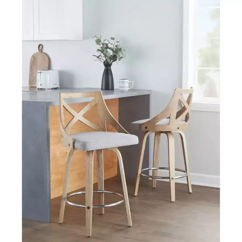 Lot de 2 tabourets de bar hauteur comptoir Charlotte Blanc délavé/Gris clair - LumiSource : pivotants rembourrés, cadre en bois