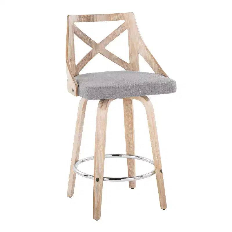 Lot de 2 tabourets de bar hauteur comptoir Charlotte Blanc délavé/Gris clair - LumiSource : pivotants rembourrés, cadre en bois
