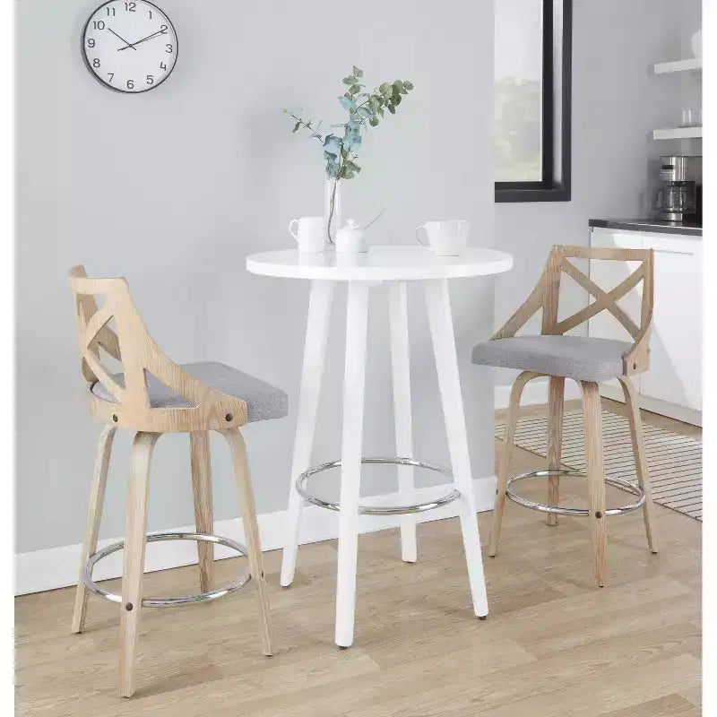 Lot de 2 tabourets de bar hauteur comptoir Charlotte Blanc délavé/Gris clair - LumiSource : pivotants rembourrés, cadre en bois