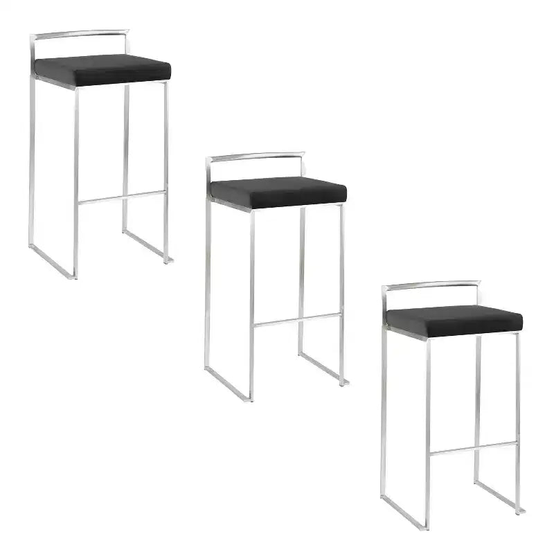 LumiSource Set of 3 Fuji Stacker Barstools Stainless Steel/Black Velvet