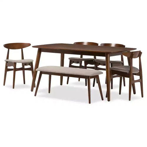 6pc Dining Set Flora Mid-Century Modern Wood Upholstered Bench & Chairs - Baxton Studio