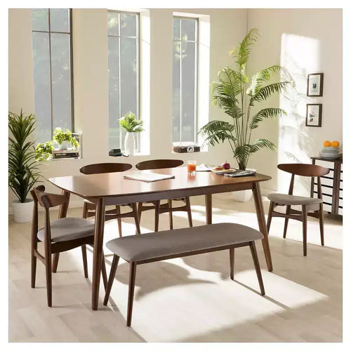 Ensemble de salle à manger 6 pièces Flora Moderne du milieu du siècle, banc et chaises rembourrés en bois - Baxton Studio