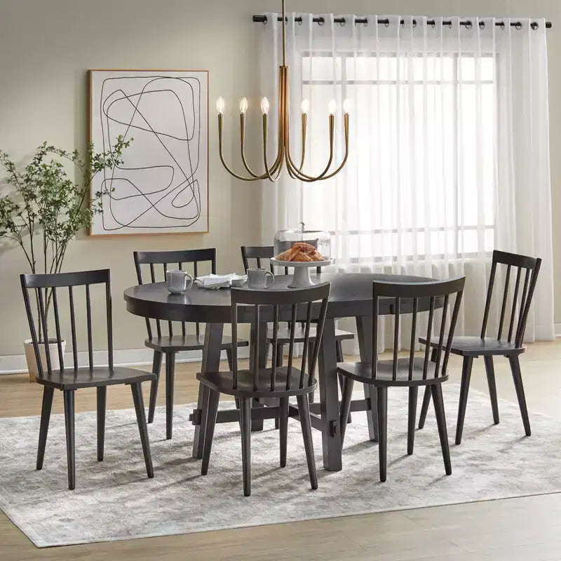 Ensemble de salle à manger extensible 7 pièces Lifestorey Edmonton Farmhouse avec chaises en bois massif noir mat