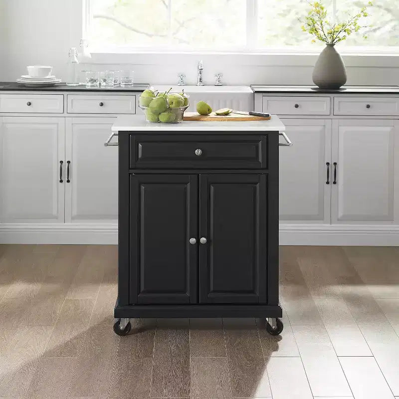 Desserte de cuisine compacte en granit noir/blanc - Crosley : Bois massif, étagère réglable, porte-serviettes