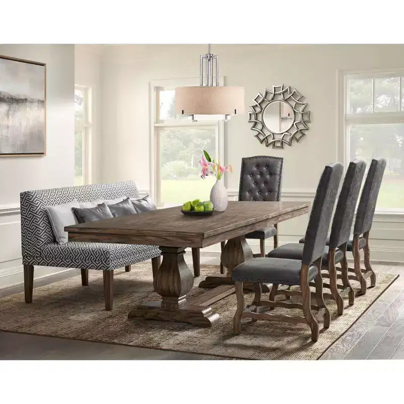 Table à Manger Extensible Rectangulaire de Hauteur Standard Hayward de Picket House Furnishings Noyer : Double Piédestal Moderne, 6 Places