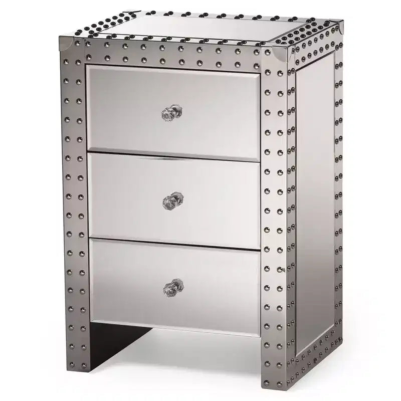 Table de chevet Azura couleur argent – Baxton Studio : 3 tiroirs, poignées en cristal, entièrement assemblée