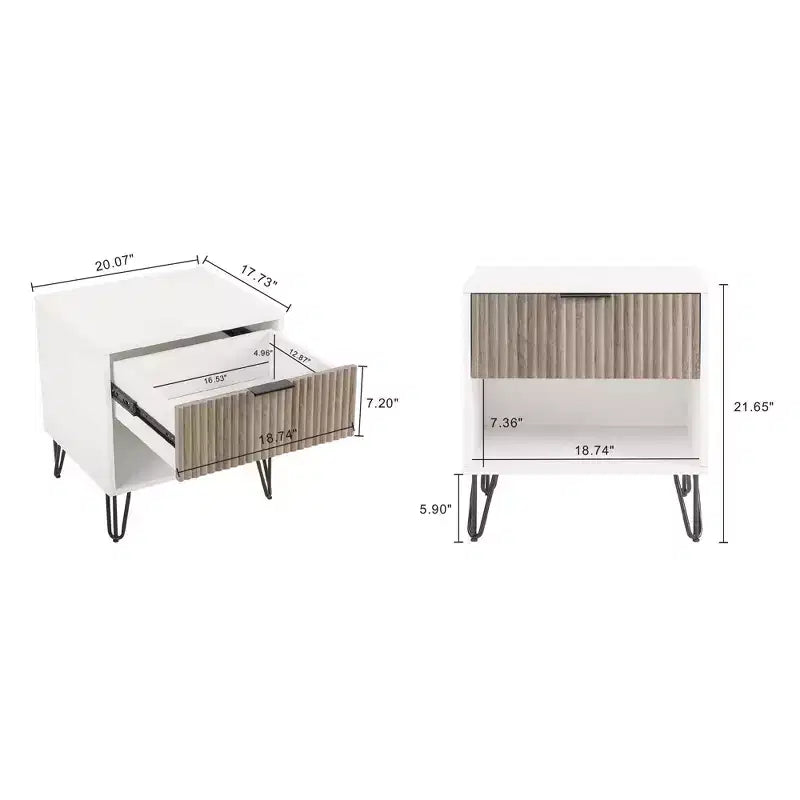 Table de Chevet Manhattan Comfort Dumbo à 1 Tiroir Blanc/Gris Rustique : Cadre Contemporain en MDF, Étagère Ouverte, Finition Texturée