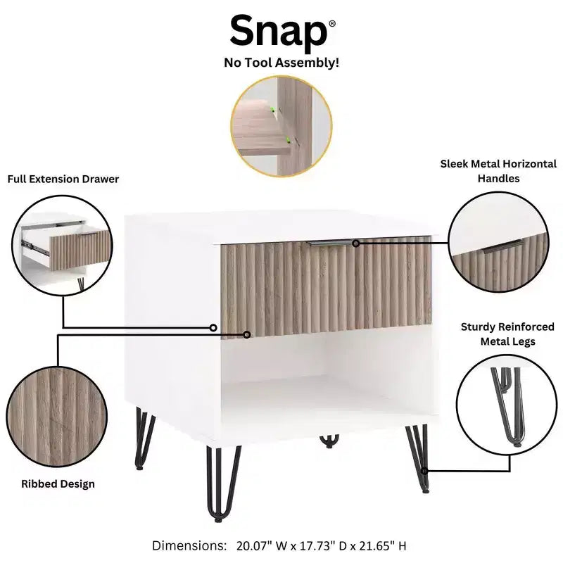 Table de Chevet Manhattan Comfort Dumbo à 1 Tiroir Blanc/Gris Rustique : Cadre Contemporain en MDF, Étagère Ouverte, Finition Texturée