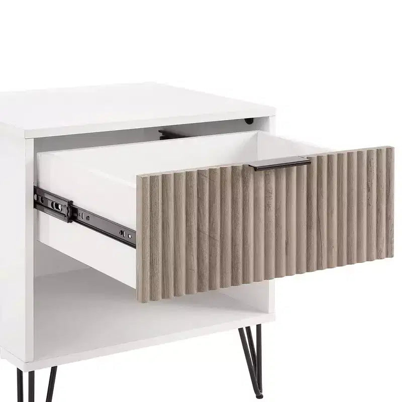 Table de Chevet Manhattan Comfort Dumbo à 1 Tiroir Blanc/Gris Rustique : Cadre Contemporain en MDF, Étagère Ouverte, Finition Texturée