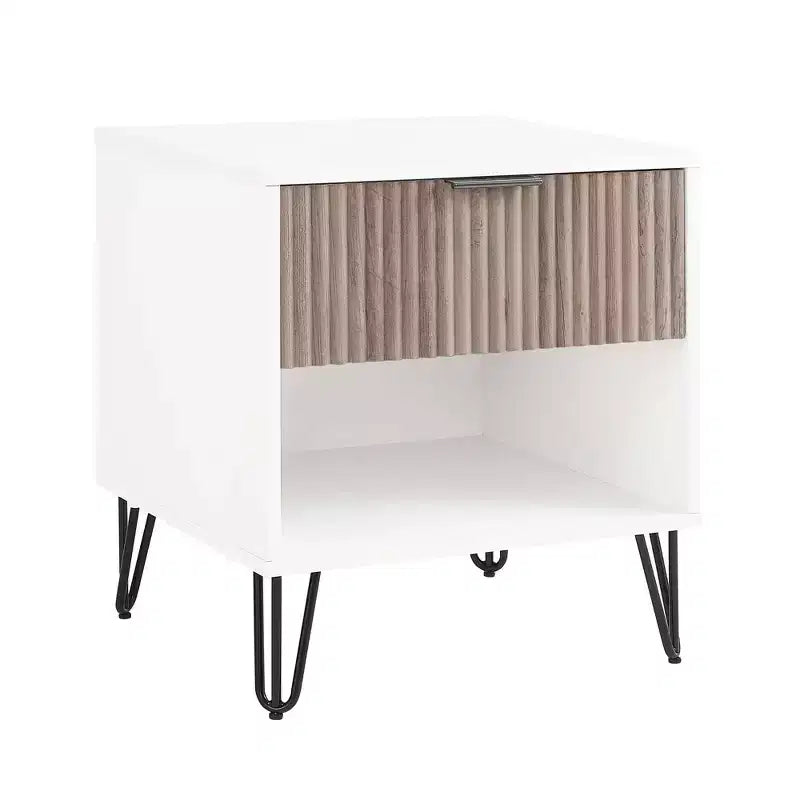 Table de Chevet Manhattan Comfort Dumbo à 1 Tiroir Blanc/Gris Rustique : Cadre Contemporain en MDF, Étagère Ouverte, Finition Texturée
