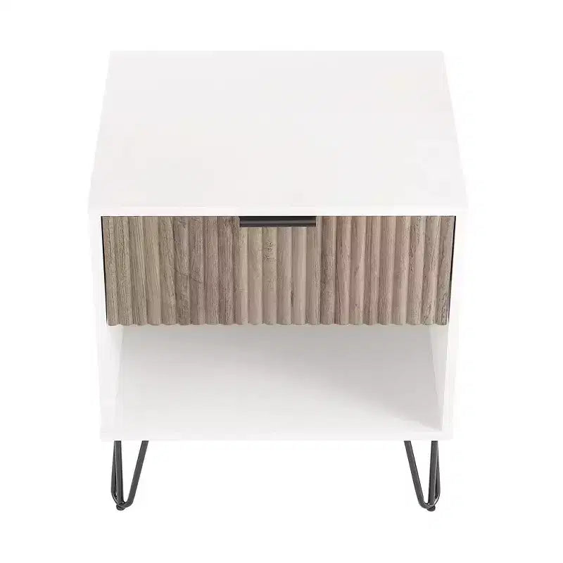 Table de Chevet Manhattan Comfort Dumbo à 1 Tiroir Blanc/Gris Rustique : Cadre Contemporain en MDF, Étagère Ouverte, Finition Texturée