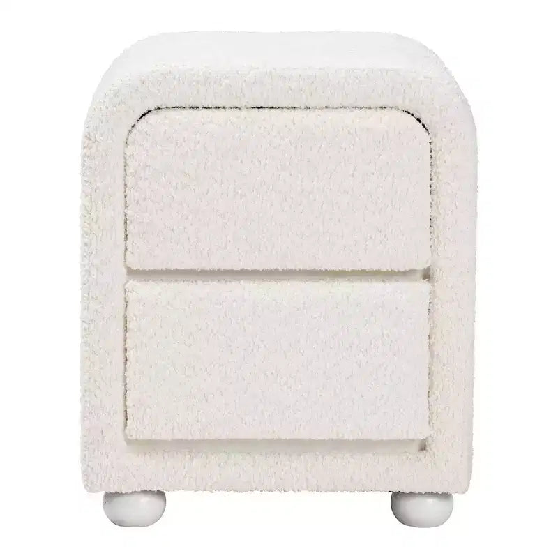 Baxton Studio Bonilla Table de chevet à 2 tiroirs en tissu "Teddy Bear" et bois d'hévéa blanc : Moderne, glissières métalliques, finition lisse
