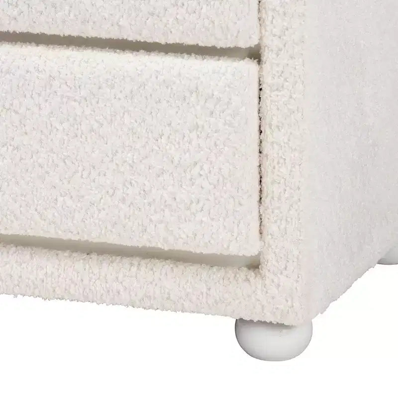 Baxton Studio Bonilla Table de chevet à 2 tiroirs en tissu "Teddy Bear" et bois d'hévéa blanc : Moderne, glissières métalliques, finition lisse