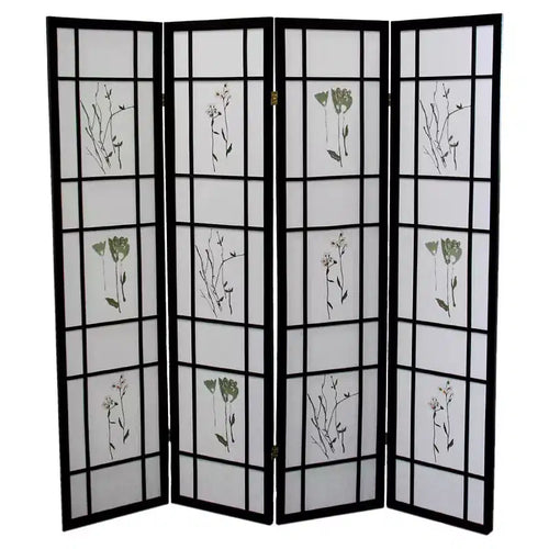 4 Panel Room Divider Border Cherry - Ore International: No Assembly, 70" x 60" Black Botanical Print