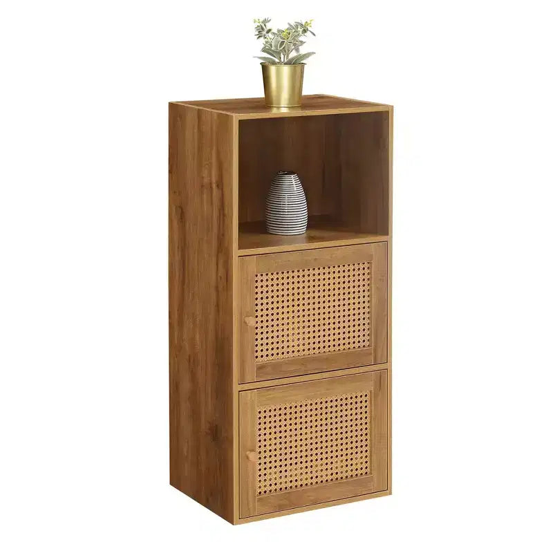 Meuble de rangement Breighton Home Xtra Boho Weave 2 portes avec étagère, motif tissé, en brume d'automne/orge beige