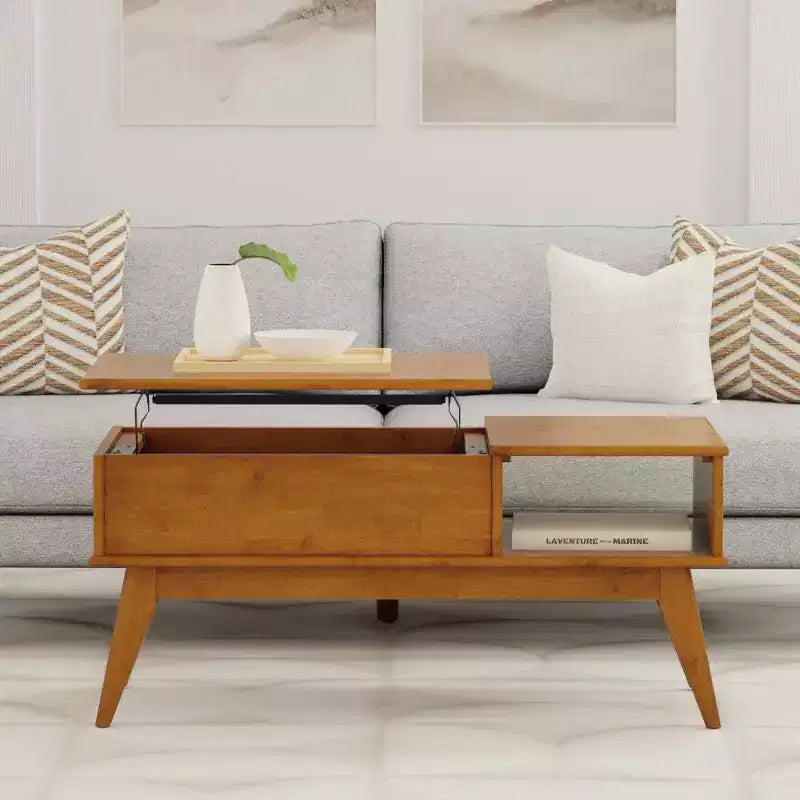 Table basse relevable Tierney de WyndenHall, marron teck : Rangement moderne du milieu du siècle, rectangulaire en bois d'hévéa