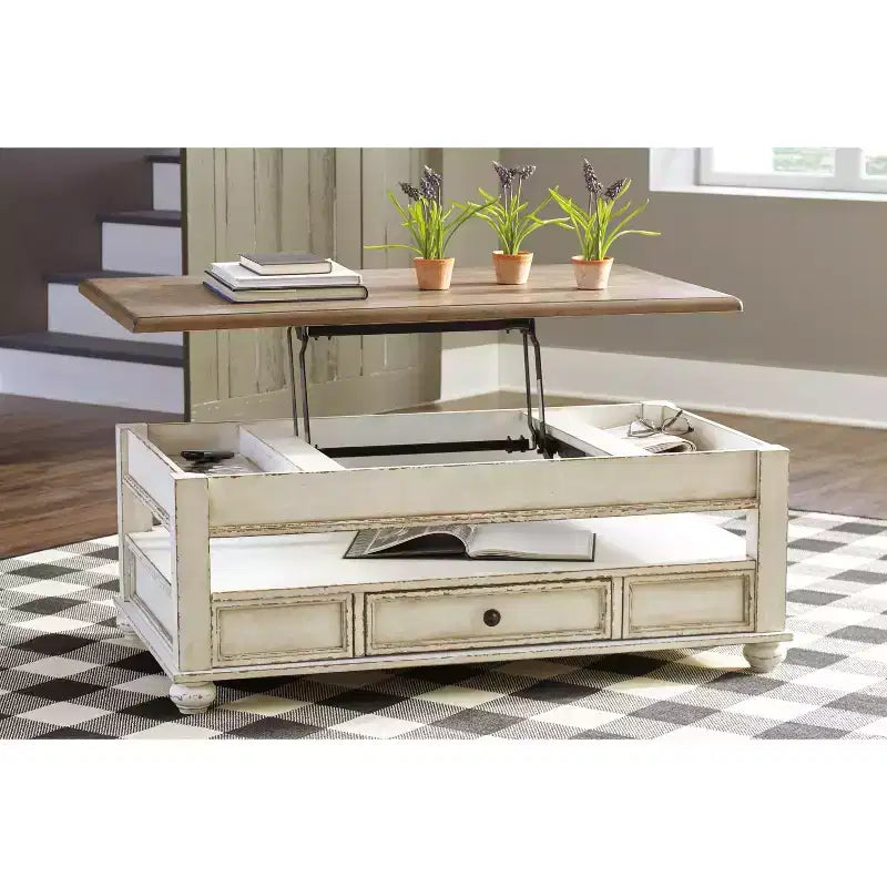Table basse relevable Realyn Blanc/Brun - Signature Design by Ashley : Style Mid-Century, Rangement, Pieds en bois