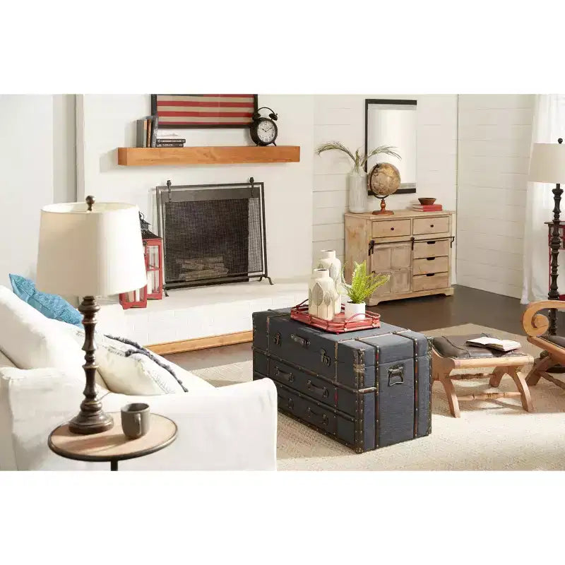 Table basse traditionnelle en lin et bois bleu foncé - Olivia & May