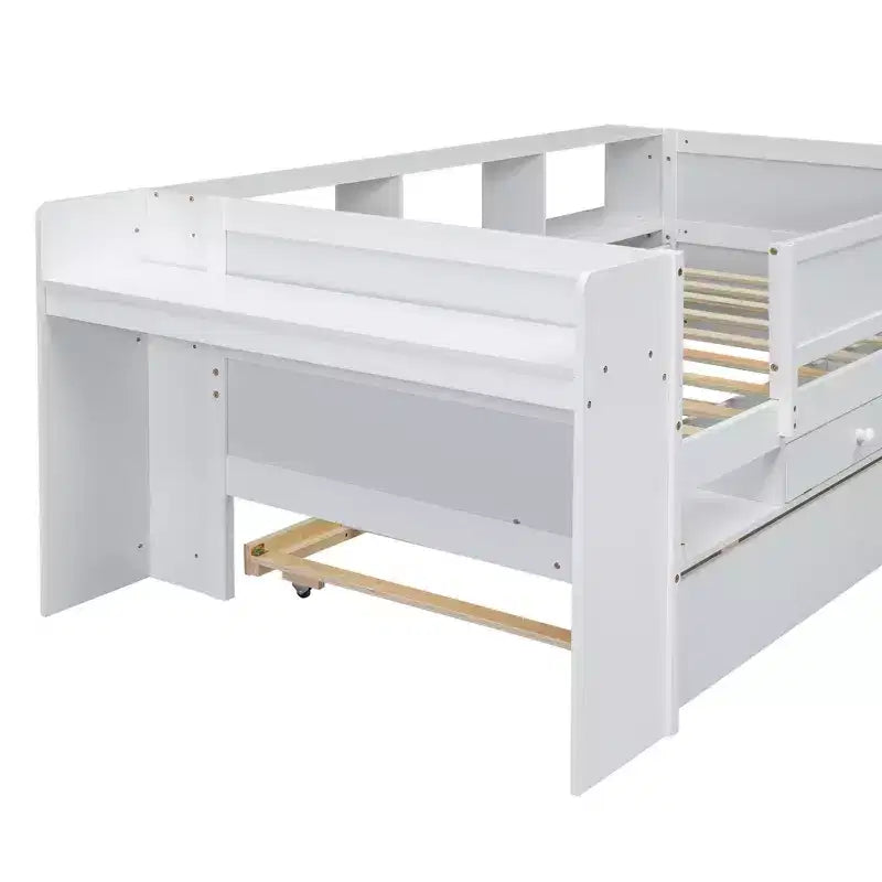 Lit de jour multifonctionnel double avec tiroirs et lit gigogne, rangement intégré à la tête de lit, table et station de recharge USB ModernLuxe