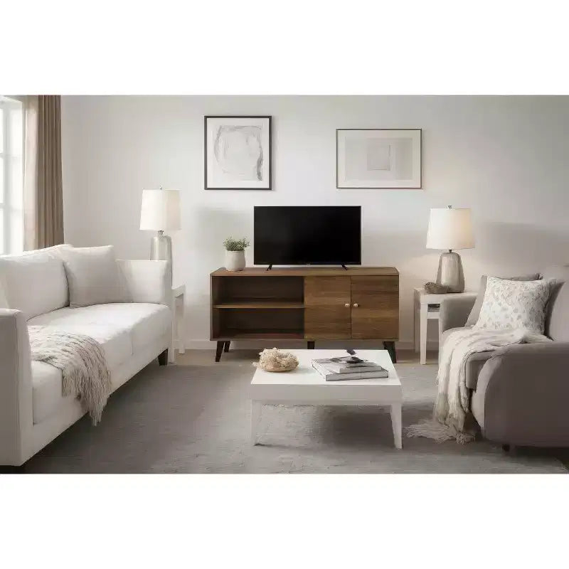 JVNOXK Meuble TV moderne de 120 cm pour salon, convient aux téléviseurs de moins de 50 pouces, avec 2 étagères de rangement et 1 placard, marron