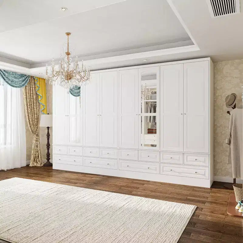 Armoire de chambre Famapy 3 portes avec miroir, 6 tiroirs, étagères réglables et rangement supérieur encastré