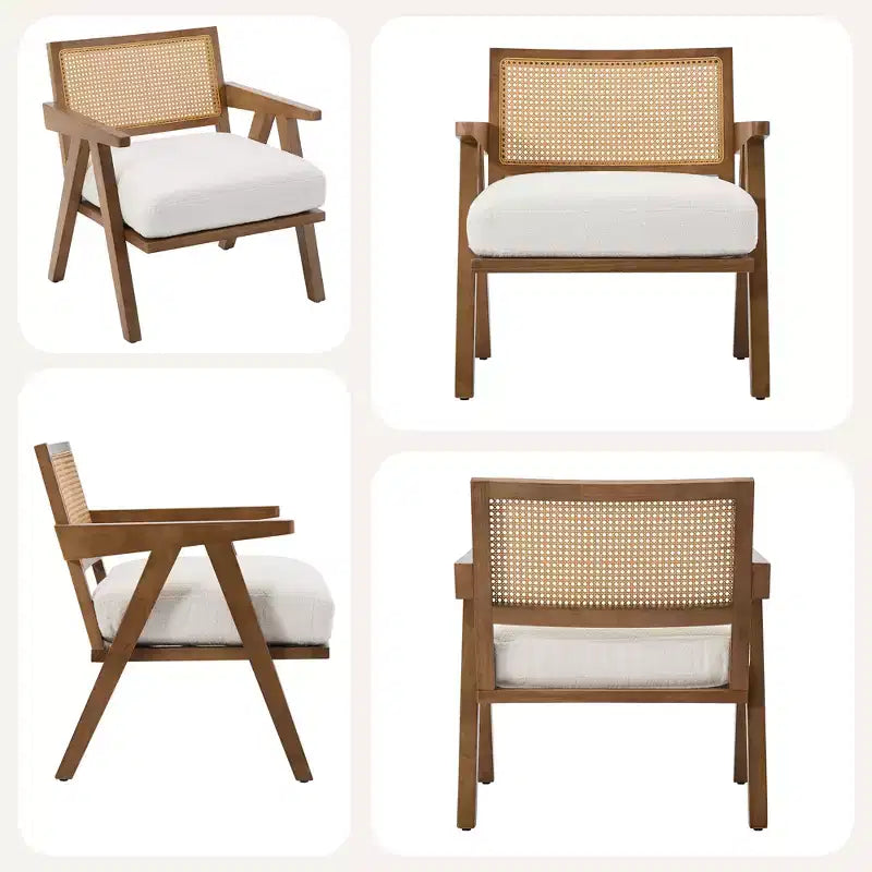 Fauteuil d'appoint de ferme du milieu du siècle - Fauteuil en bois avec dossier en rotin et coussin en lin pour salon, chambre