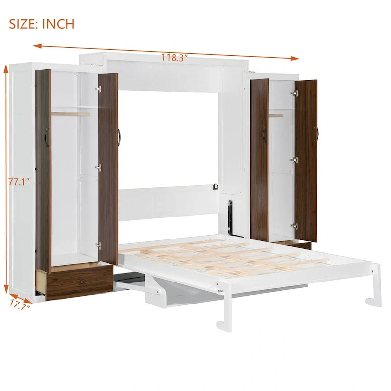 Lit escamotable mural avec armoire, tiroirs, éclairage LED et bureau
