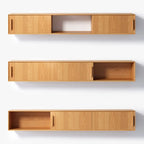 Meuble TV cannelé flottant en bois naturel avec rangement